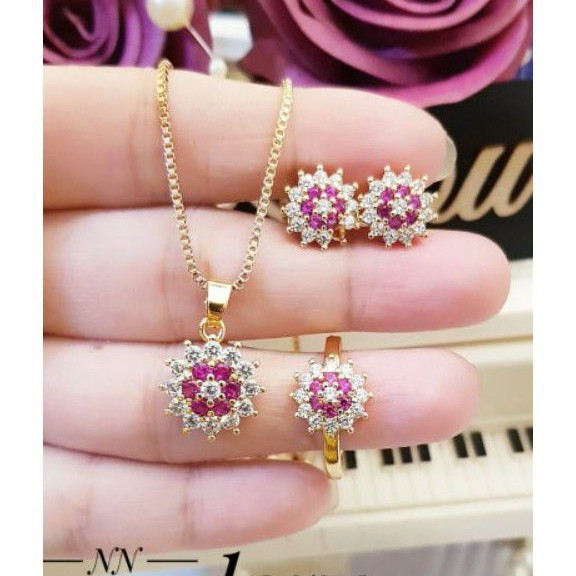 (JAN) TERMURAH Set Perhiasan Lapis Emas Xuping Kalung Anting Cincin Permata Ungu Pink Gold Titanium