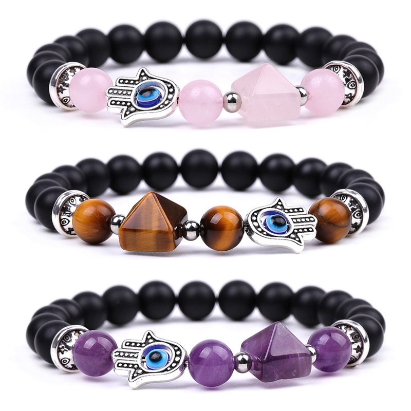 Gelang Manik-Manik Batu Alam Chakra Hamasa Rose Quartz Amethyst Tiger Eye Evil Eye Untuk Yoga