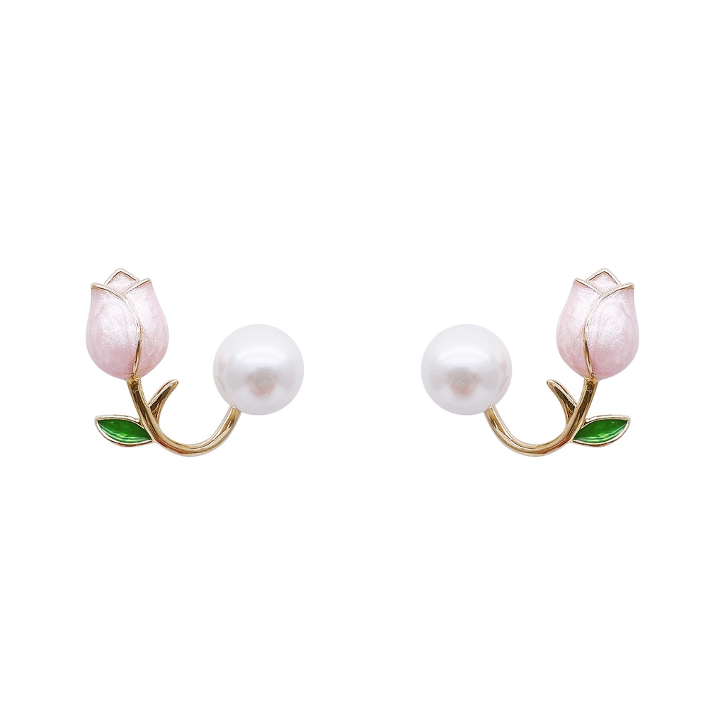 IFYOU Anting Stud Bentuk Tulip Aksen Mutiara Warna Pink Gaya Korea Untuk Wanita