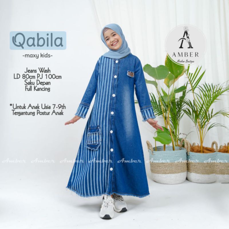 qabila gamis anak wanita jeans wash mix motif garis usia 7th-9th terbaru