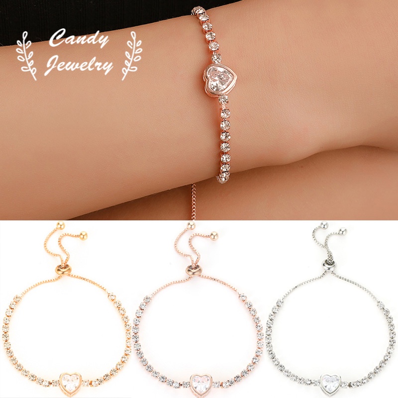 Gelang Rantai Dengan Charm Hati Aksen Kristal Zirkonia Untuk Wanita