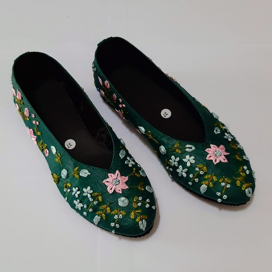 etnik fashion sepatu wanita flat slip on sulam hijau botol tosca