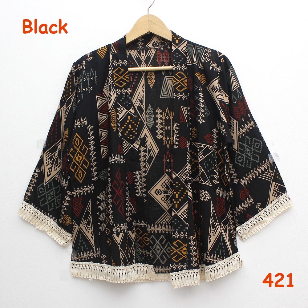 𝑱𝒂𝒌𝒂𝒓𝒕𝒂𝑭𝒂𝒔𝒉𝒊𝒐𝒏 cardigan outer batik tribal katun adem rumbai sisir keliling bohemian etnik boho styleO-421 Black