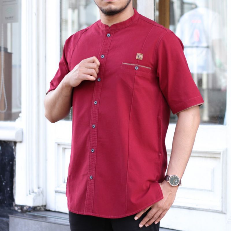 BAJU KOKO KURTA LENGAN PENDEK BAHAN FULL COTTON WASHING WARNA MUSTARD NAVY ARMY MAROON ABU MOCCA M L