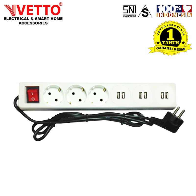 VETTO V8206/3M 6xUSB Stop kontak - 3 Meter SNI