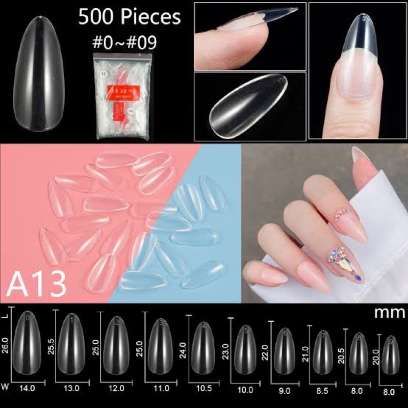 500pcs KUKU PALSU ALMOND SHAPE FAKE NAILS natural kupal bentuk almond runcing lancip