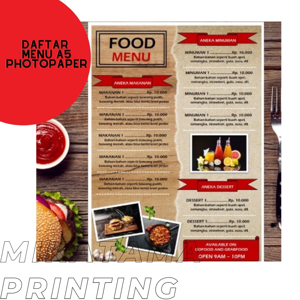 

Cetak daftar menu A5 ( Bahan Photopaper)