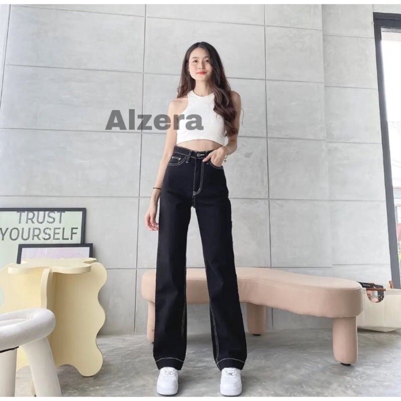 ALZERA•HITAM LIST PUTIH LOOSE KULOT JEANS / BLACK LIST WHITE HW LOOSE KULOT JEANS / CELANA HIGHWAIST LOOSE JEANS WANITA CEWEK