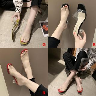  Sandal  Model High Heels Elegan  Aksen Transparan Anti Slip 