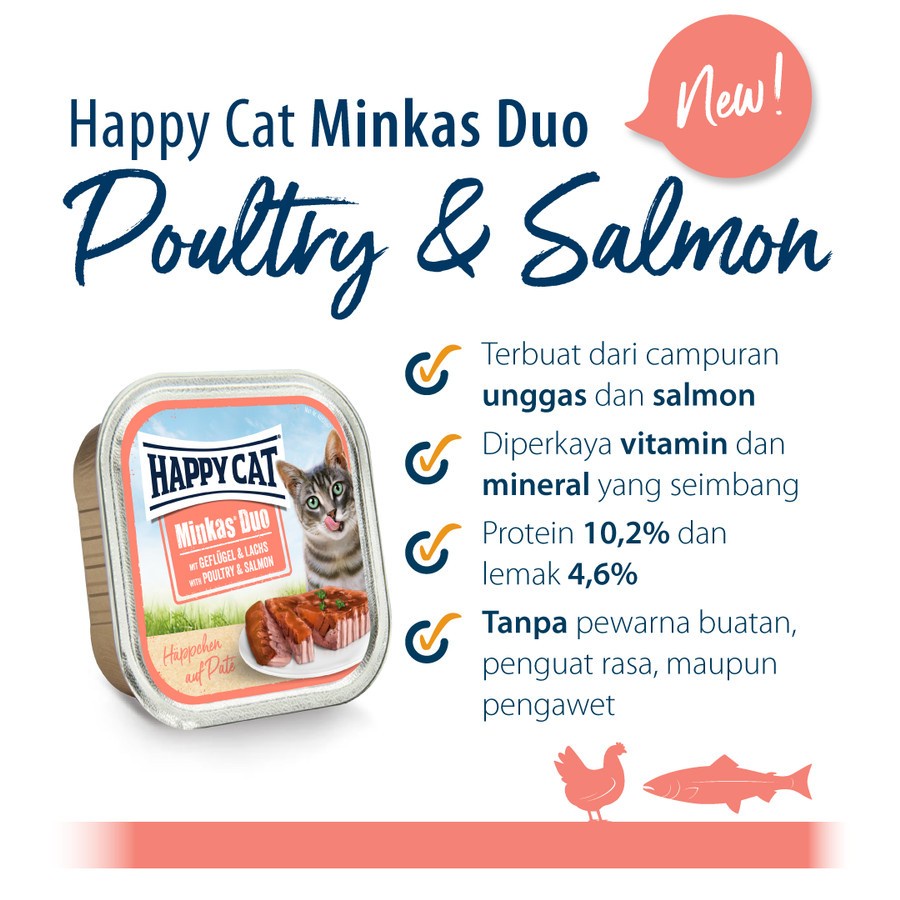 Happy Cat Minkas Duo Makanan Kucing Basah Ayam dan Salmon 100gr