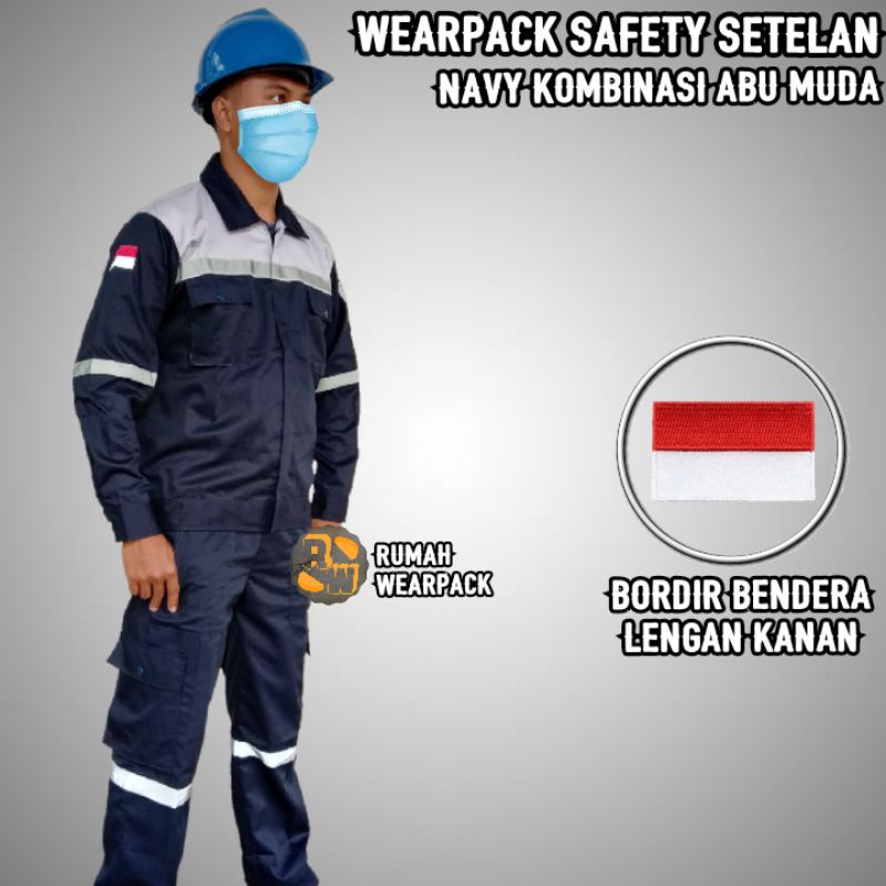 Setelan Wearpack Safety dan Celana Safety Warna Navy Kombinasi Abu Muda