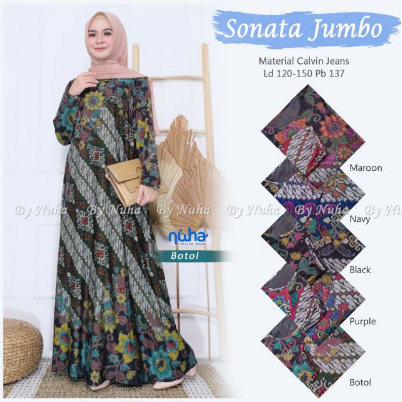 Gamis Sonata Jumbo Big Size Bahan Calvin Jeans LD Melar Sampai 150 cm Motif Batik