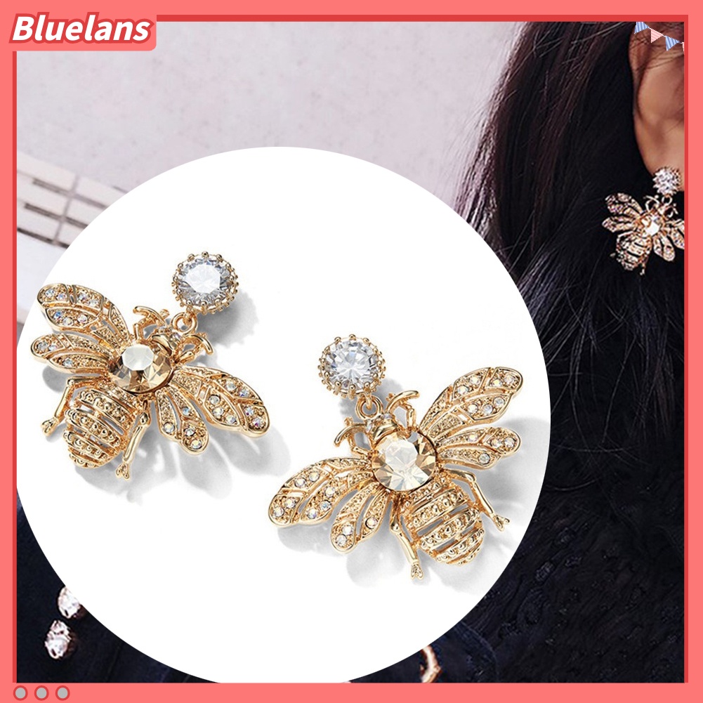 Bluelans Anting Stud Desain Lebah Madu Aksen Berlian Imitasi Untuk Wanita