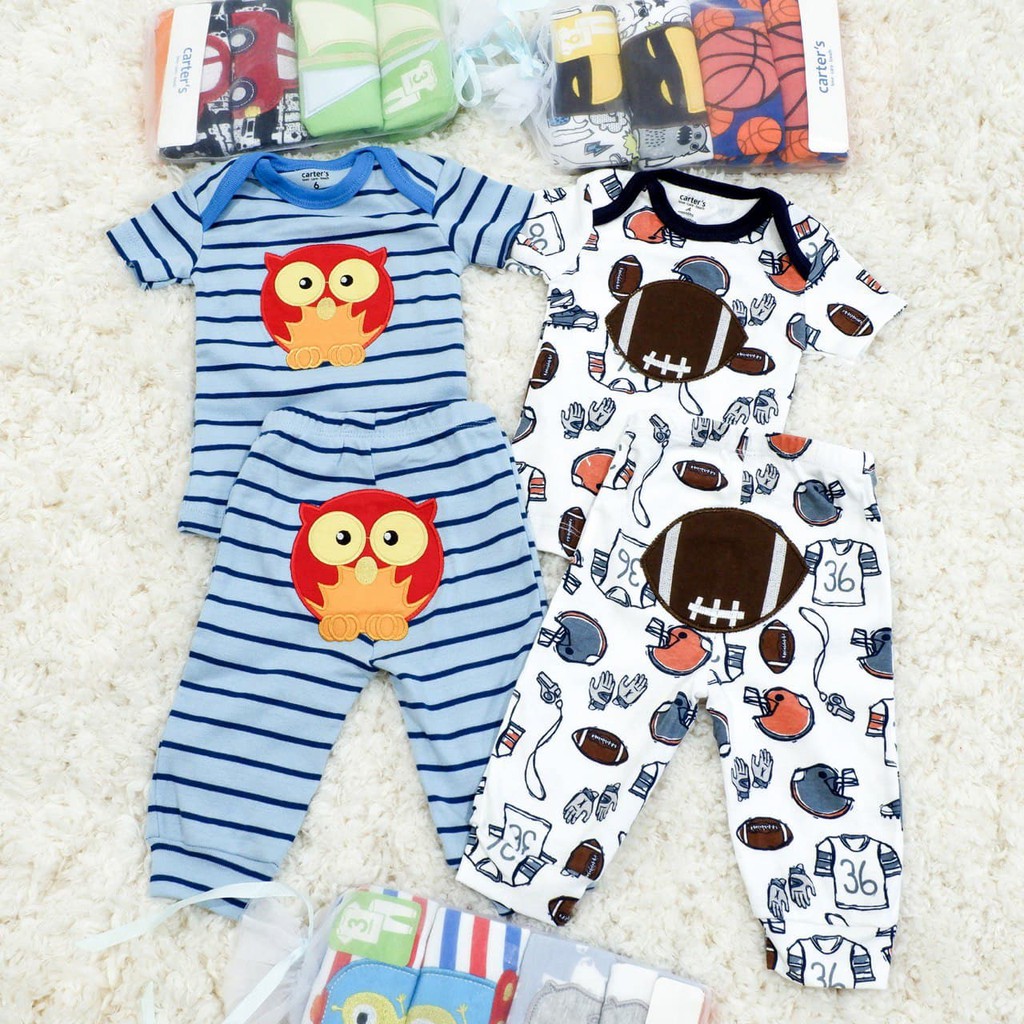 LIN9039 Boys/ Girls CARTER'S 4 in 1 Piyama Bayi Set : 2 Atasan Lengan Pendek + 2 Celana Panjang P...