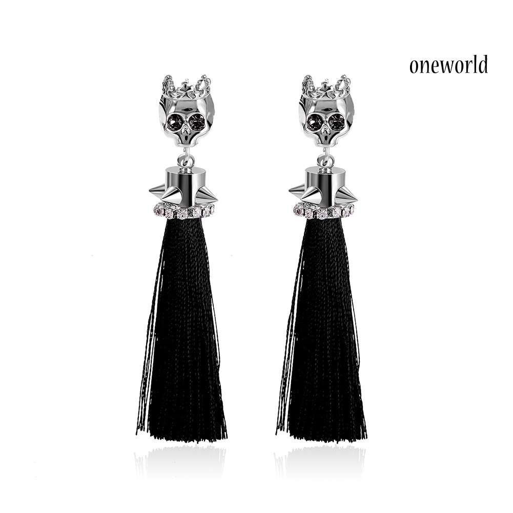 OW@ Women's Fashion Plated Alloy Zircon Skull Shape Tassels Dangle Earrings Jewelry