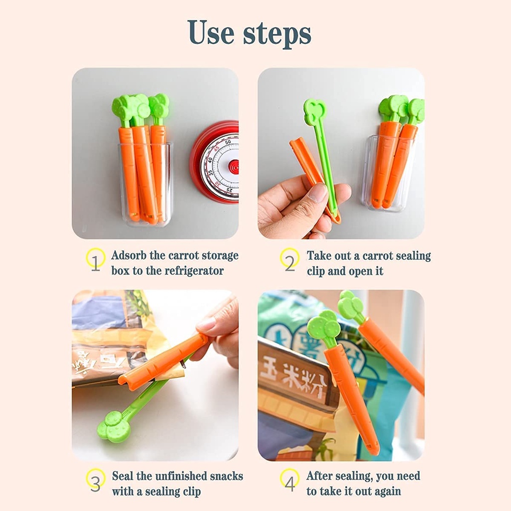 5pcs / Set Klip Segel Kantong Makanan Bentuk Wortel Reusable Untuk Kulkas
