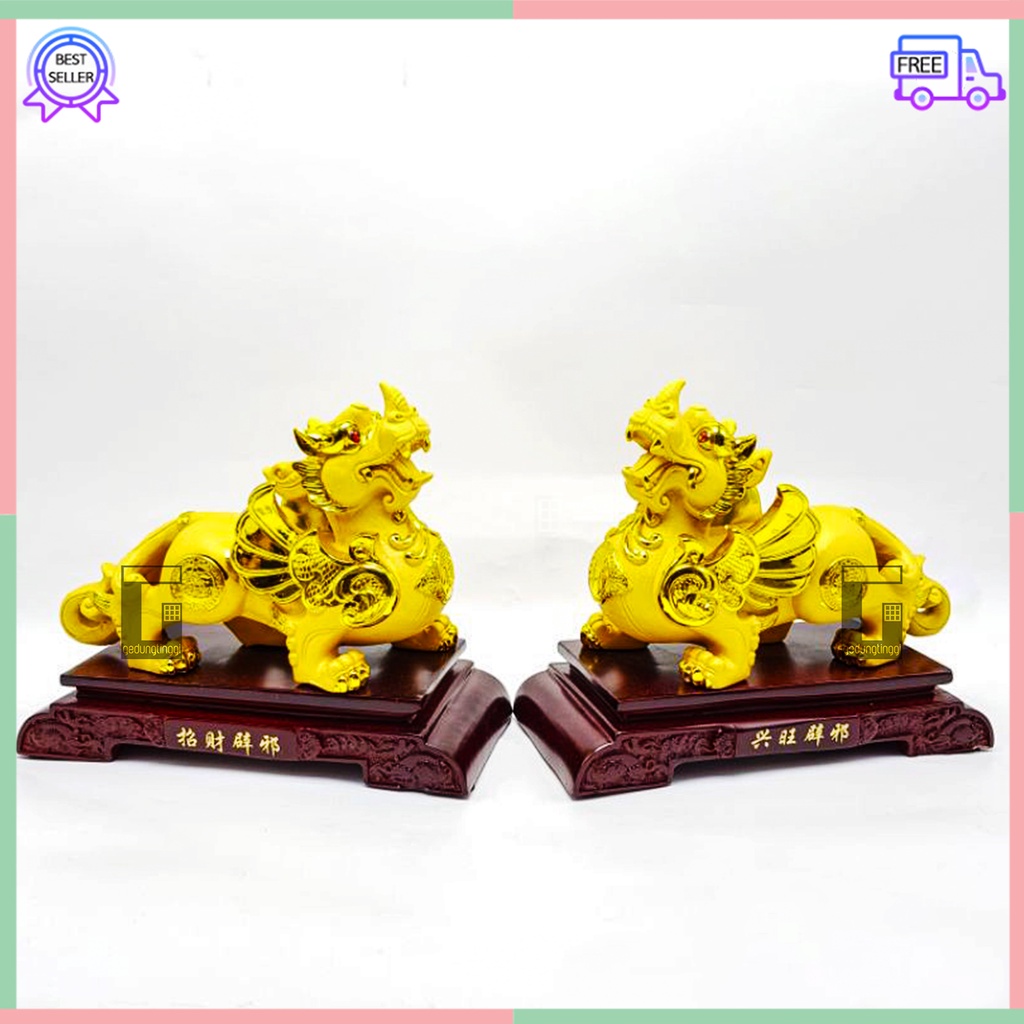 Hiasan Pajangan Patung Hadiah Kado Imlek Singa Langit Sky Kembar Samsi Batu Chi Qi Lin Cillin Chilin Cilin Kilin Qillin Hoki Lucky Luck Fengshui Penjaga Rumah Pembawa Rejeki 1 Pasang Sepasang Set Ukuran Size Small Kecil Medium Sedang Besar Buddha Budha