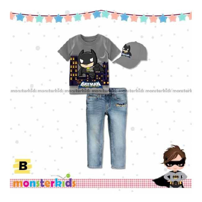Baju Setelan Batman Celana Jeans Panjang Karakter Superhero Topi Batman Anak Laki-laki Branded
