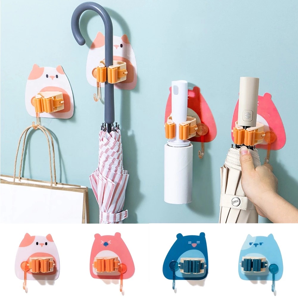 Cute Cartoon Wall Mounted Mop Holder/ Strong Self Adhesive Broom Umbrella Organizer/ Home Bathroom Storage Rack with Hook