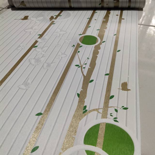 Grosir Murah Wallpaper Stiker Dinding putih garis gold kupu kupu