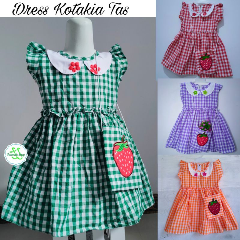 Dress anak 1 2 tahun motif kotak bonus tas baju anak cewek gaun anak perempuan ( dress kotakia tas )