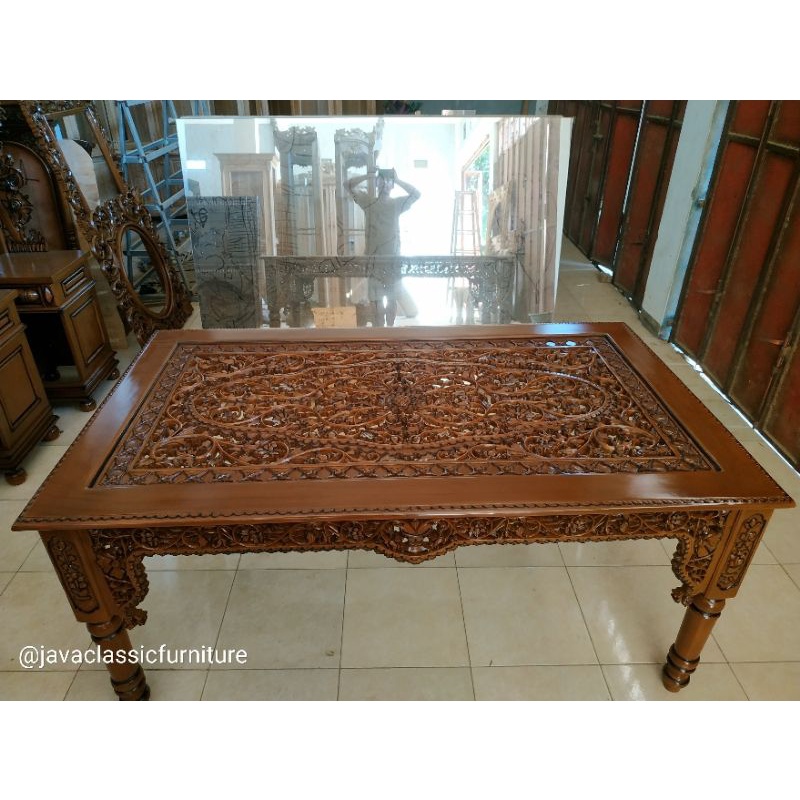 MEJA MAKAN DIMENSI KRAWANG 170x1METER + KACA UKIRAN JATI FURNITURE JEPARA MEBEL-1