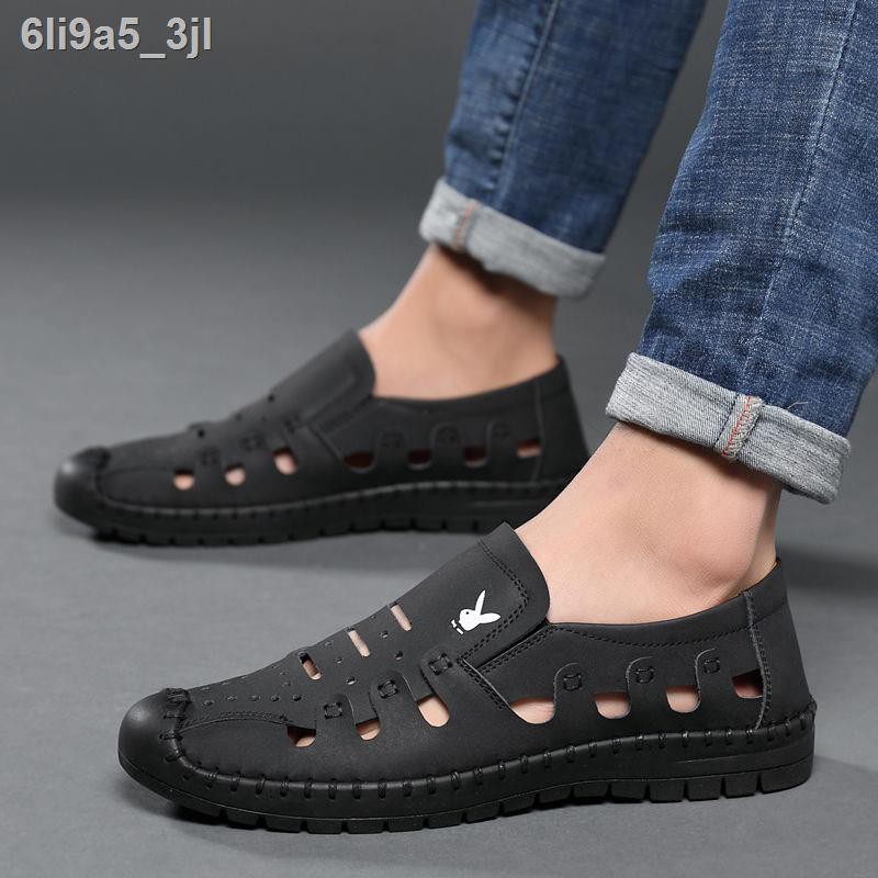 [Leather Cowhide] Playboy International Musim Panas Pria Sandal Kulit Luar Ruangan Lubang Sepatu Ber