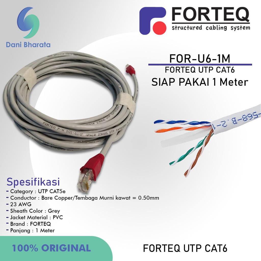 Kabel Lan Cat 6e UTP Copper Indoor Merk FORTEQ Kabel Lan Siap Pakai 1M BRAND TERNAMA