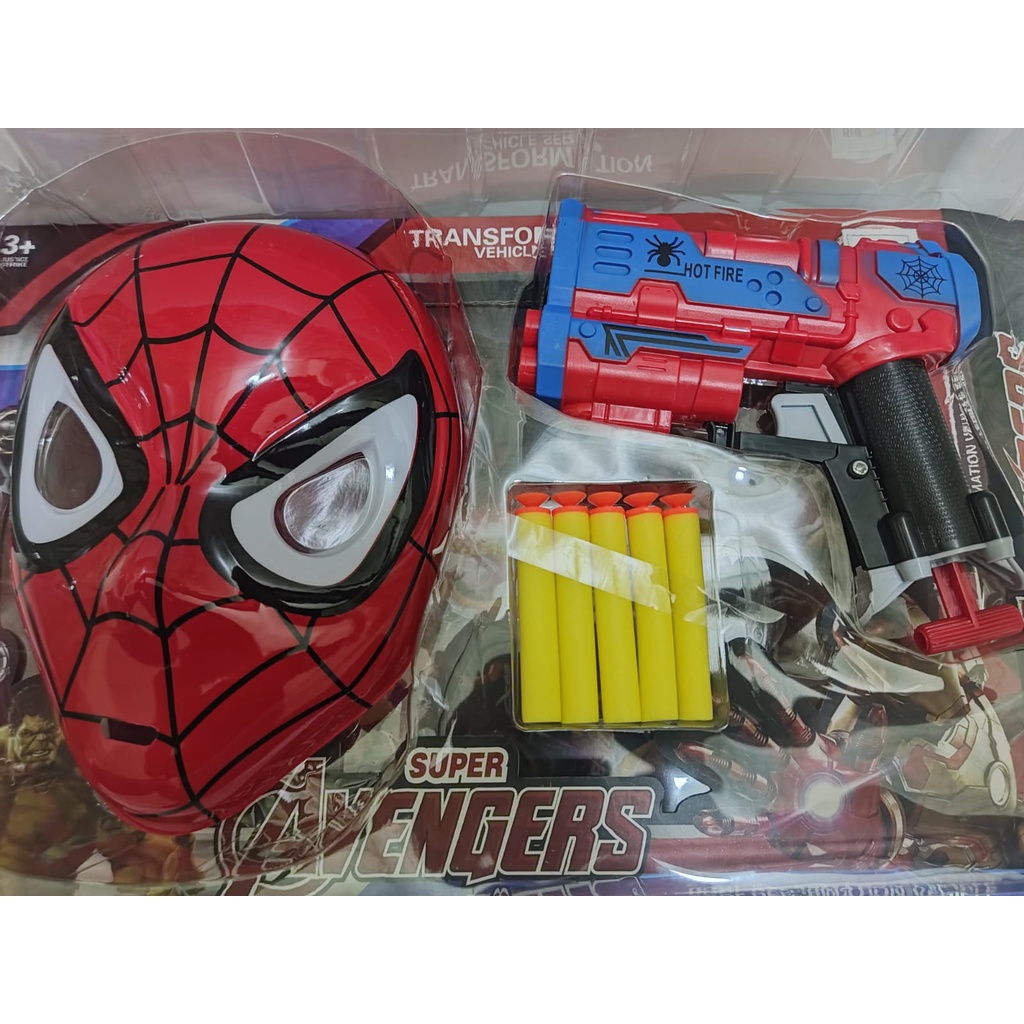 Mainan Tembakan + Topeng Spidermen Anak - Tembakan Soft Gun Peluru Busa