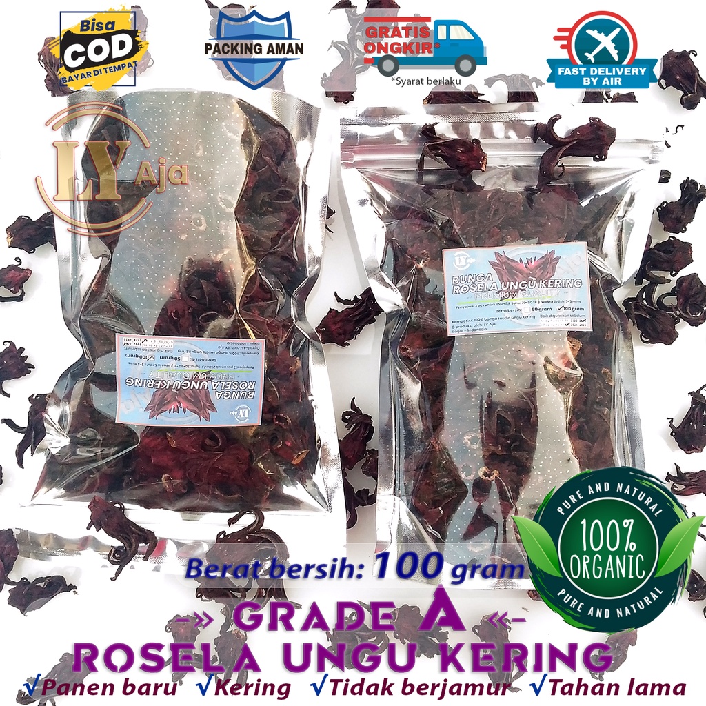 Teh Bunga Rosela UNGU Kering 100 Gram Rosella Roselle Grade A Premium LY Aja 100 Gr Herbal Diet Pelangsing