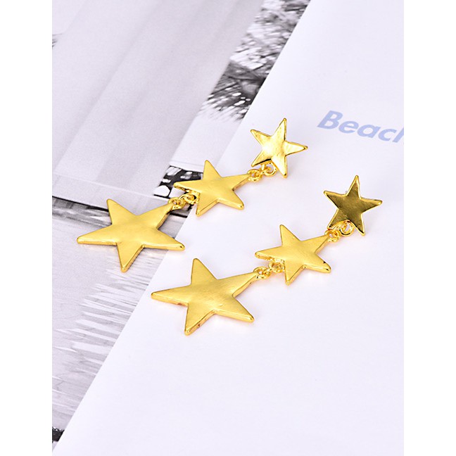 LRC Anting Tusuk Fashion Gold Alloy Three-layer Five-pointed Star Stud Earring F46817