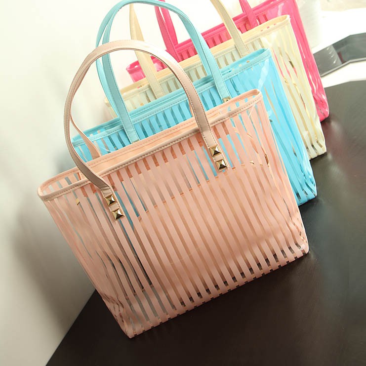 TW1848 Tote Bag Wanita PVC Transparan Motif Garis Tas Pundak Modis