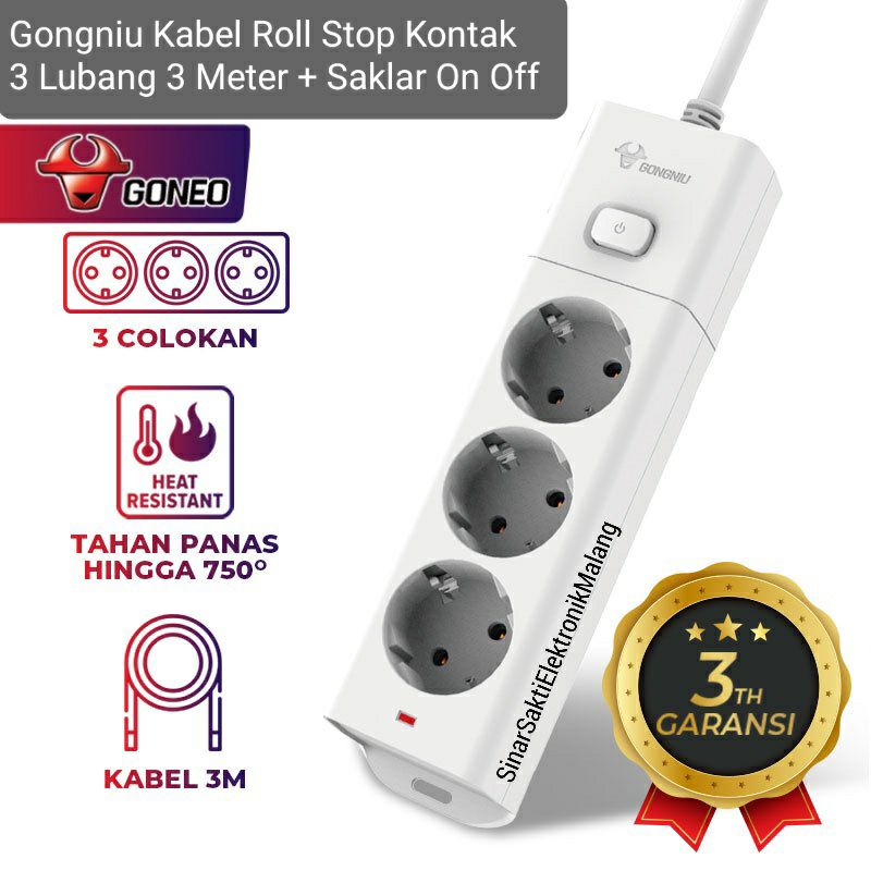 Gongniu Kabel Roll Stop Kontak 3 Lubang 3 Meter Saklar Switch On Off 3m M