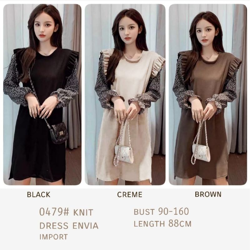0479 Baju terusan pendek lengan panjang motif bunga rajut import Cewek Kekinian fashion ala Korea