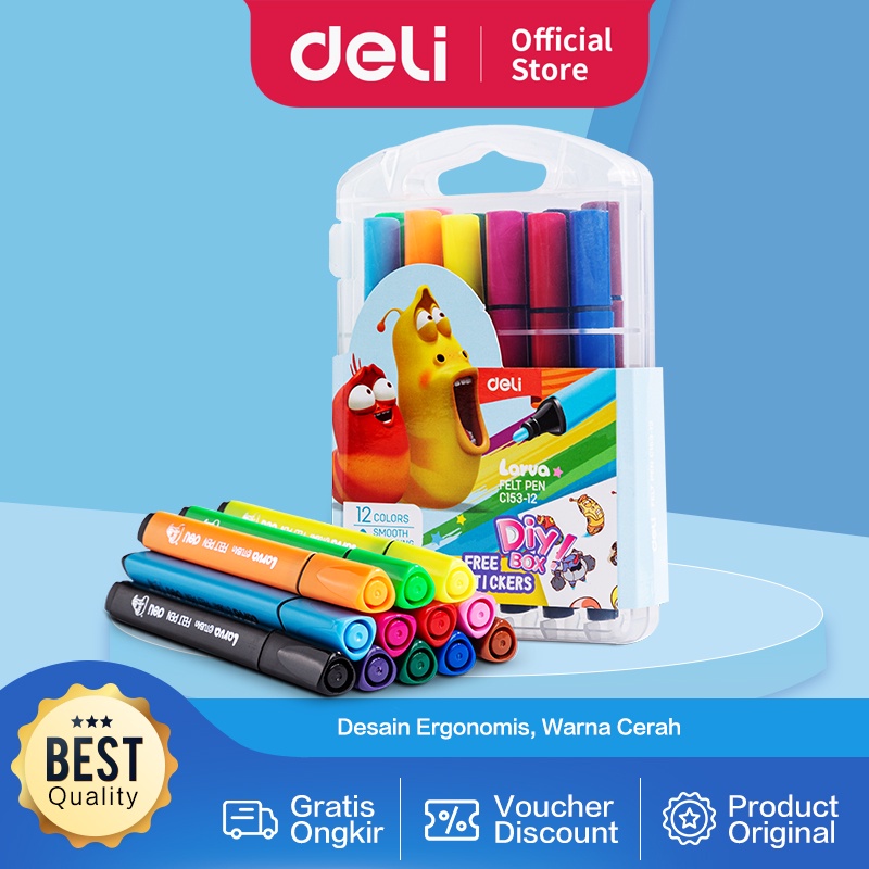 Deli Larva Felt Pen / Spidol Warna 12/24 Warna Mudah Dicuci Warna Cerah dan Tebal EC153