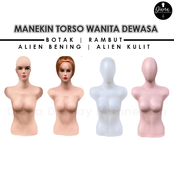 PATUNG MANEKIN BAJU TORSO WANITA SETENGAH BADAN DENGAN KEPALA BOTAK RAMBUT ALIEN