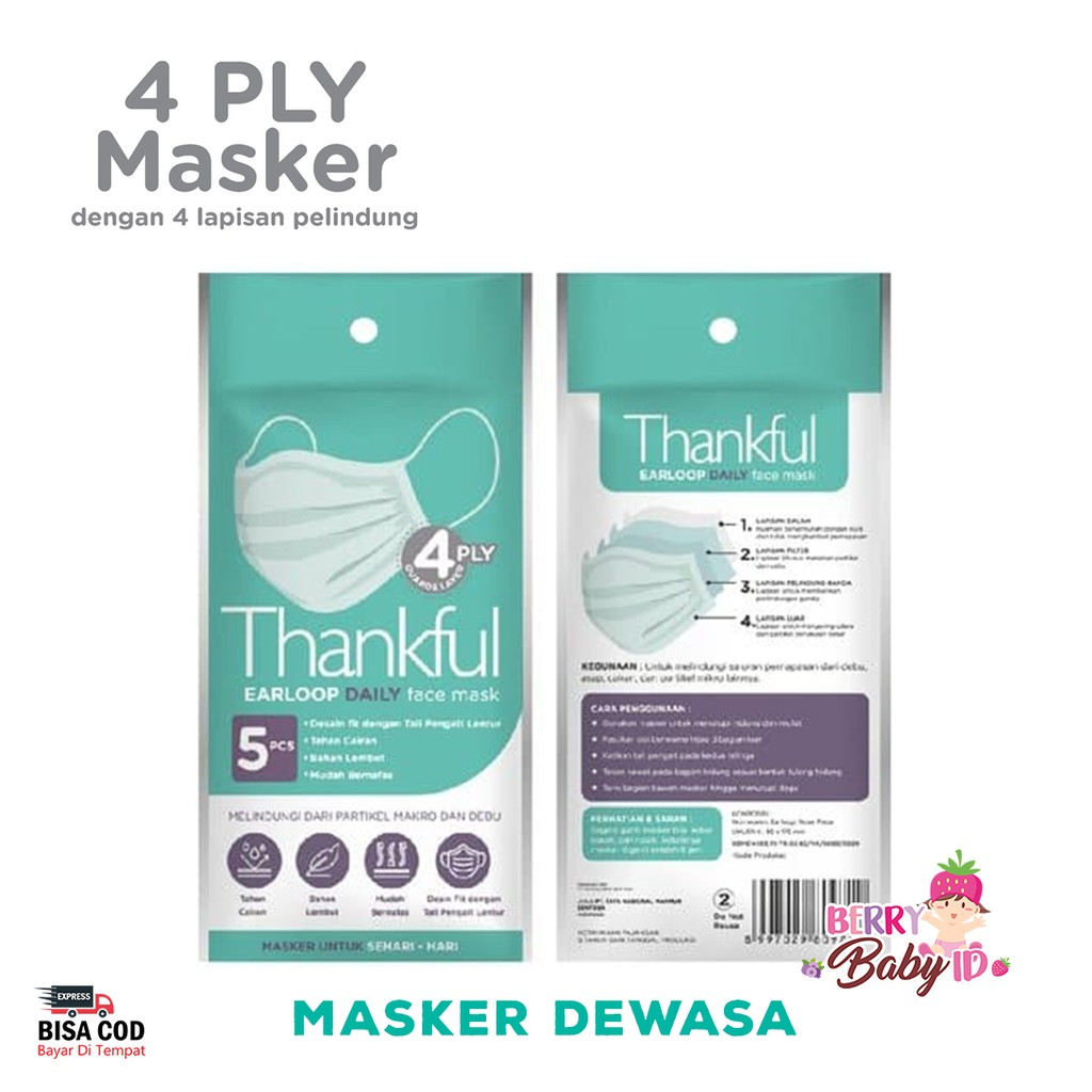 Thankful Masker Dewasa Isi 5 Pcs 4 Ply Masker Earloop Daily Face Mask Berry Mart