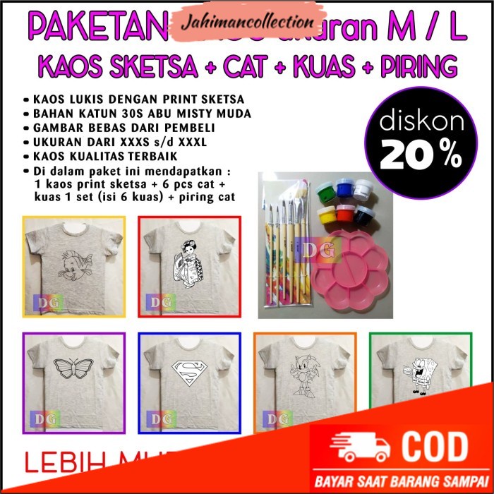 

✨ BISA COD ✨ Paketan Kaos Lukis Dengan Sketsa Gambar Siap Diwarnai - size M atau L