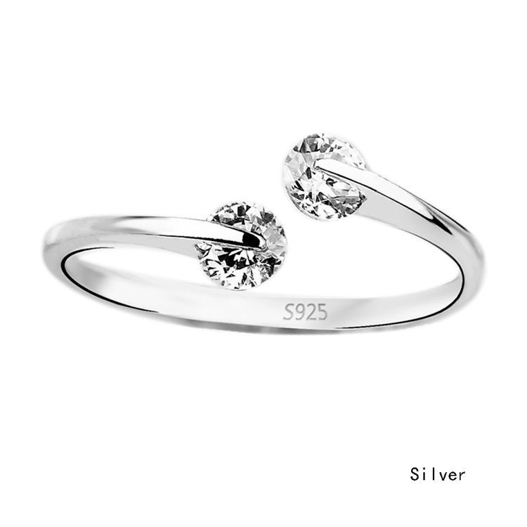 Cincin Silver Sterling 925 Simple Elegan dengan Kristal + Berlian Imitasi untuk Wanita