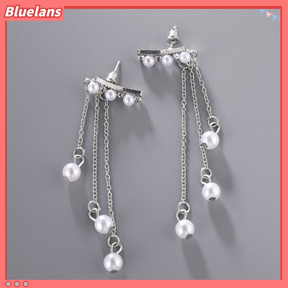 Bluelans Anting Tusuk Gantung Wanita Desain Rumbai Rantai Hias Mutiara Imitasi Untuk Hadiah
