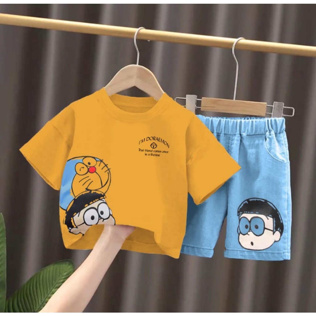 JEANS SET | SETELAN ANAK LAKI-LAKI DAN PEREMPUAN TRENDY SETELAN DORAEMON CELANA PENDEK SOFT JEANS 1-5 TAHUN