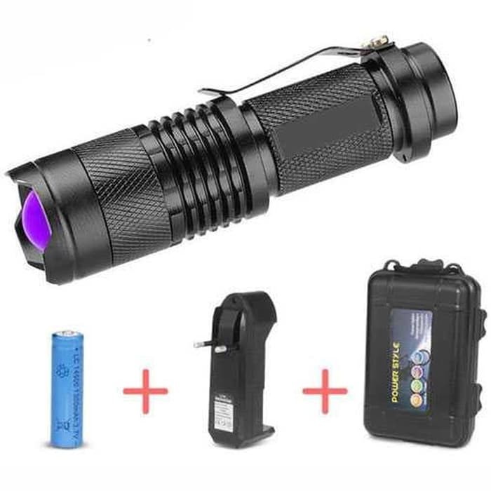Paket Senter LED Cree Q5 395nm UV Ultraviolet Ungu Box Baterai Charger