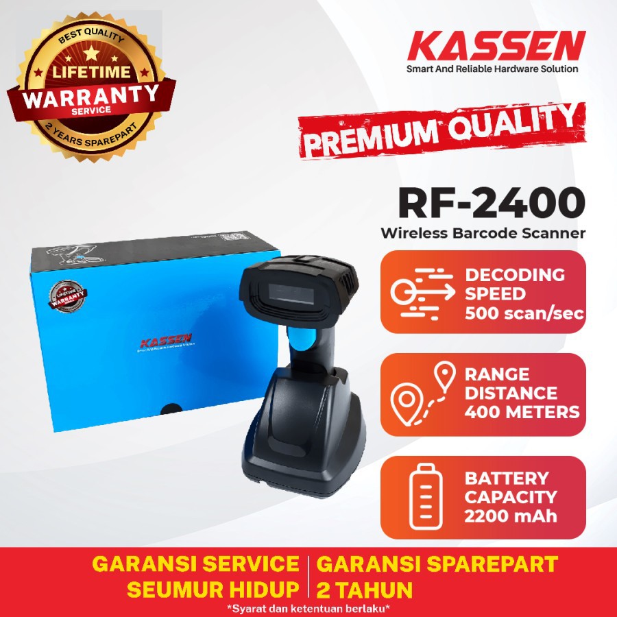 BARCODE SCANNER UP TO 400M TAHAN 7 HARI KASSEN RF-2400 1D/2D WIRELESS