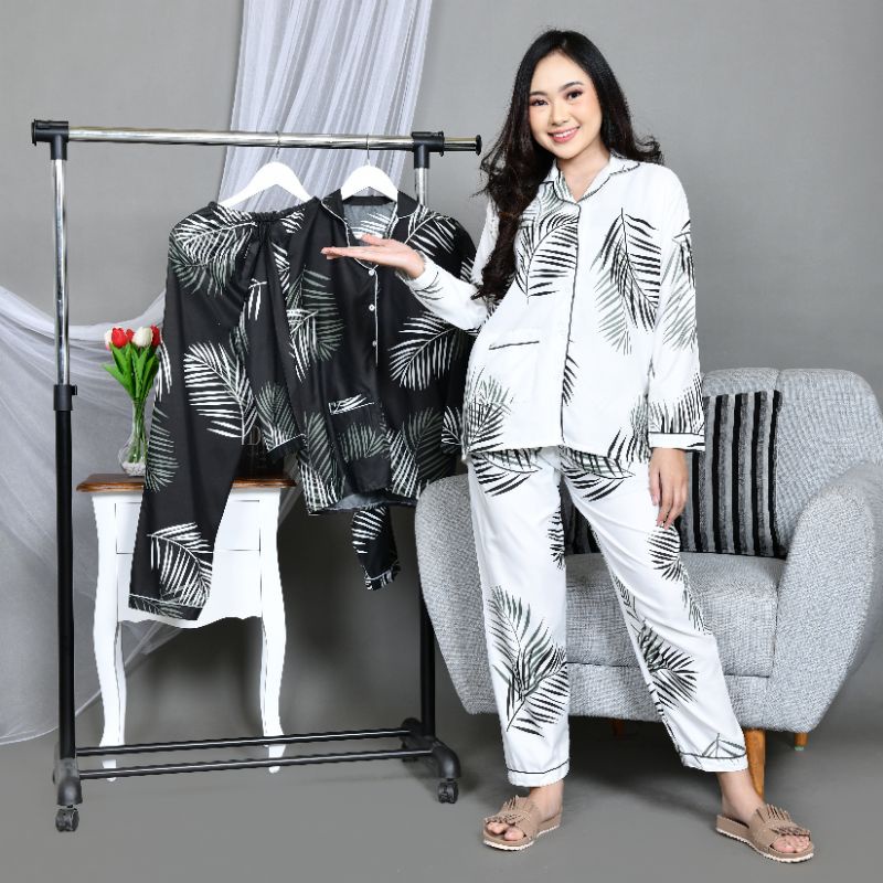 Baju Tidur Piyama Wanita/Cewek Pajamas Dewasa Katun Motif Daun Big Coco PP Lengan Panjang Kekinian