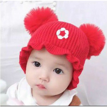 Kupluk pompom baby gril / kupuk pompom renda