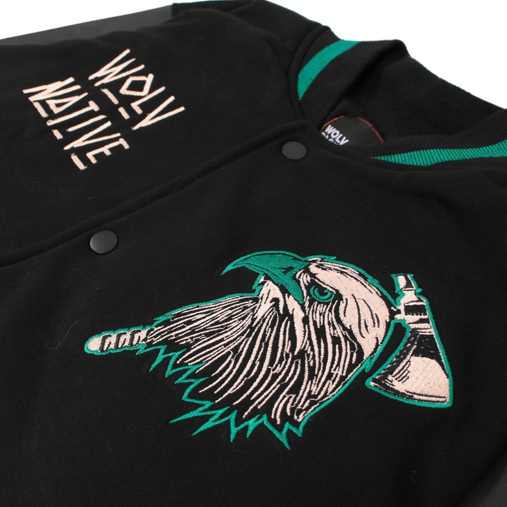 Wolv Varsity Jaket Leathee Native / Jaket Baseball Bahan Kulit Oscar