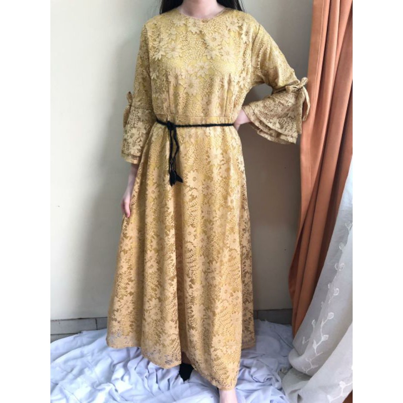 Ken-229 Long dress pesta full gamis brukat glitter baju terusan panjang free belt