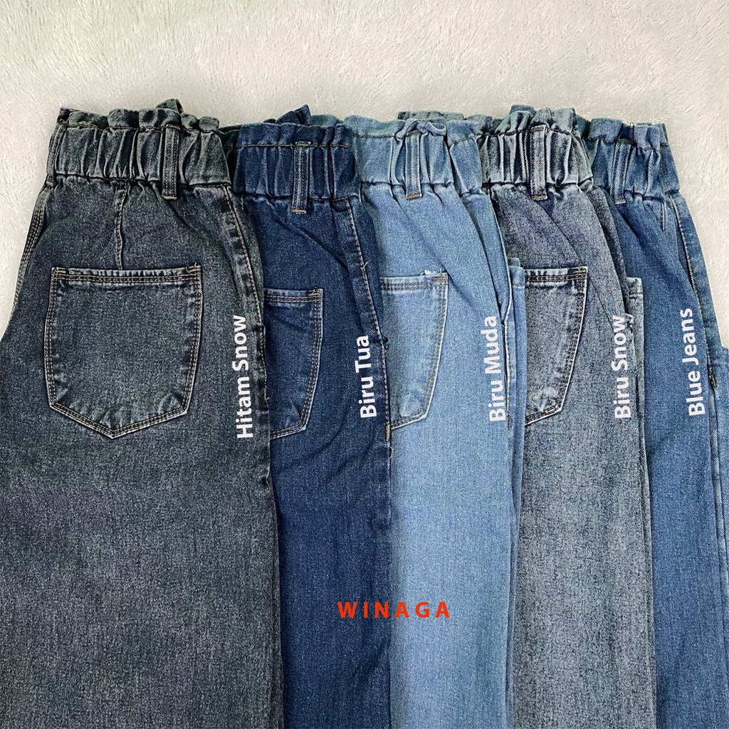 WINAGA- HighWaist Kulot Ban Karet Kancing 2 Jeans | Kulot Ban 2 Karet Jeans | Celana Panjang Kulot | Basic Denim | Denim Jeans