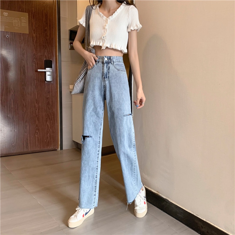 ✅COD Celana Jeans Wanita Ripped Jeans Sobek Korean Highwaist Straight Jeans Kekinian