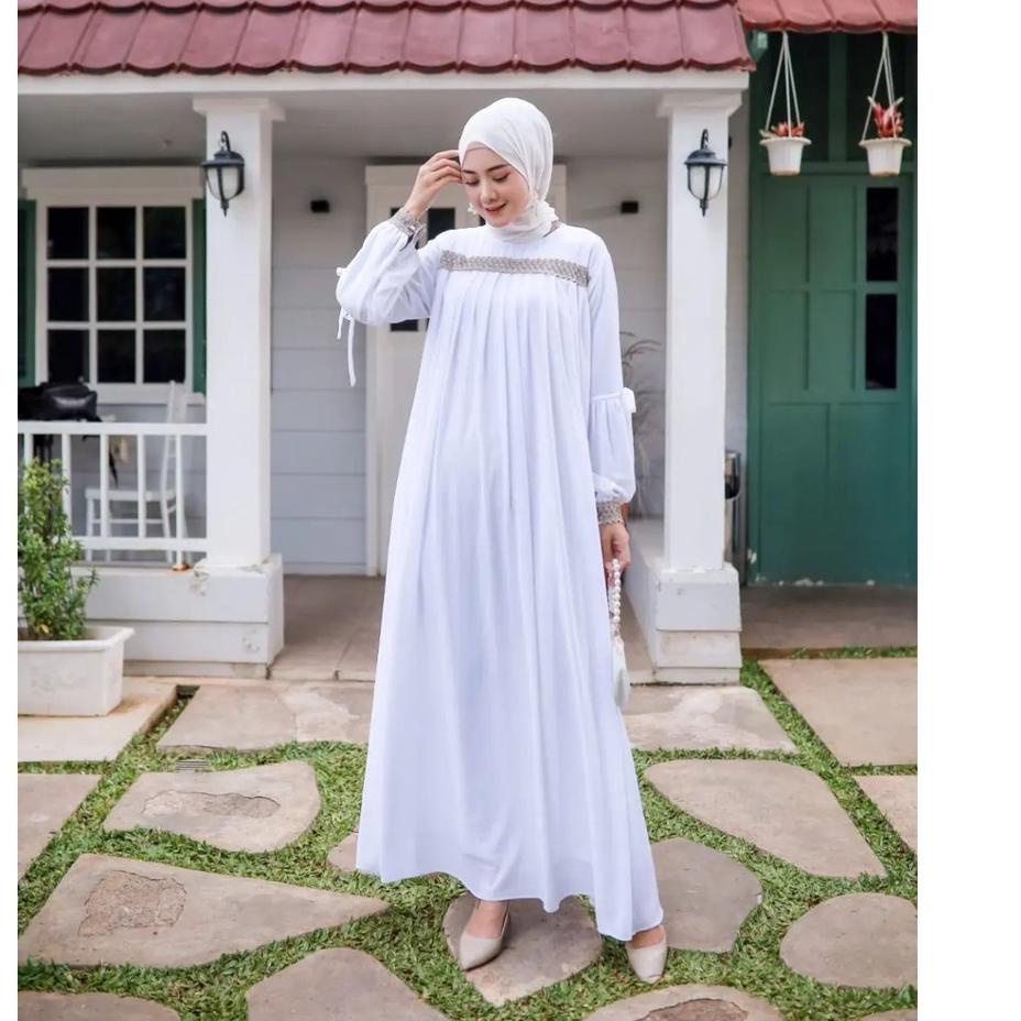 Terbaik.. Baju Wanita Gamis Putih Gamis jumbo Anggun Maxy Dress Pesta Gamis Dewasa Baju Lengan Balon